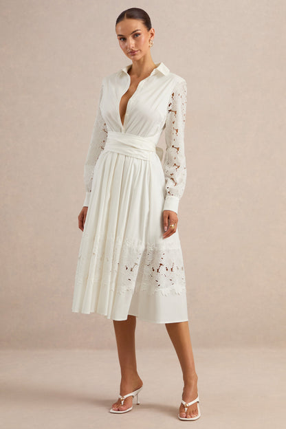 Zalynne | Vestido Midi Blanco Con Cuello Camisero
