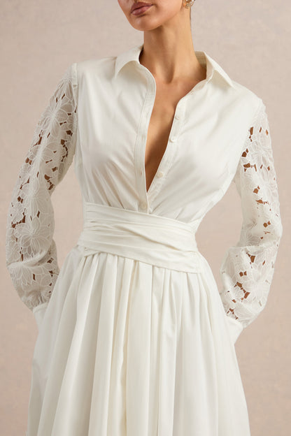 Zalynne | Vestido Midi Blanco Con Cuello Camisero