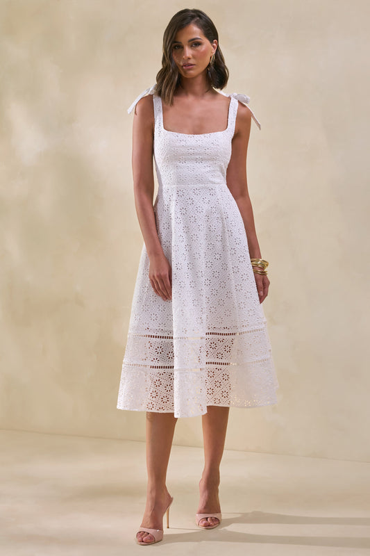 Veralia | Vestido Midi Blanco De Broderie Con Cuello Cuadrado Y Mangas Con Lazo