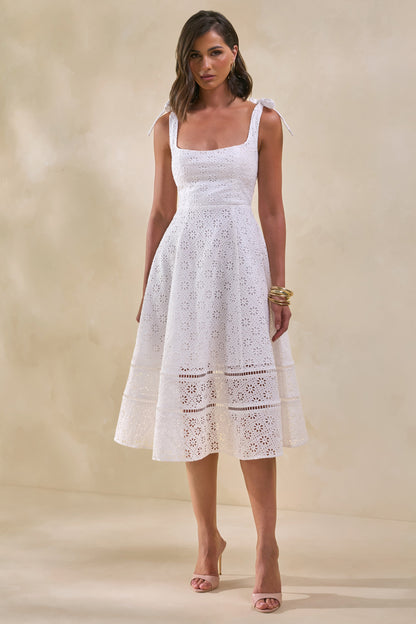 Veralia | Vestido Midi Blanco De Broderie Con Cuello Cuadrado Y Mangas Con Lazo