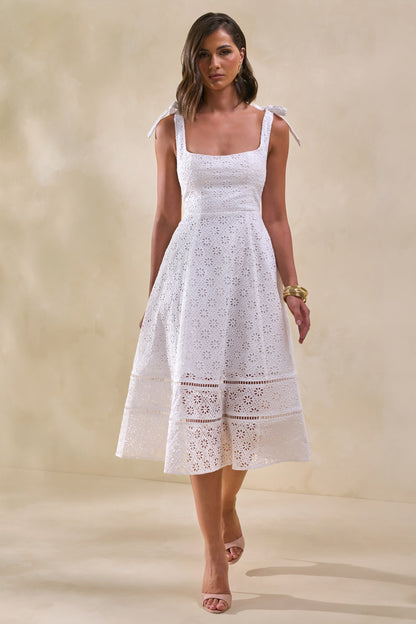 Veralia | Vestido Midi Blanco De Broderie Con Cuello Cuadrado Y Mangas Con Lazo