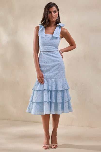Velissia | Vestido Midi Azul De Broderie Con Escote Cuadrado, Mangas Con Lazos Y Bajo Con Volantes