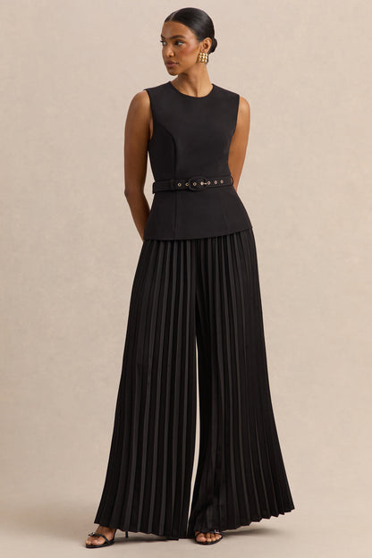 Lerenza | Pantalón negro de satén con pernera ancha y pliegues