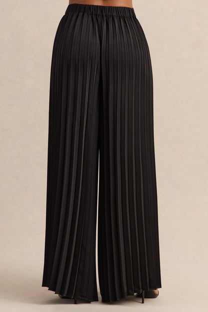 Lerenza | Pantalón negro de satén con pernera ancha y pliegues