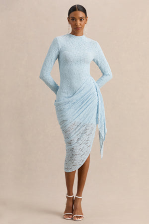 Laureline | Vestido Midi de encaje azul empolvado con cuello redondo, detalle drapeado y bajo asimétrico
