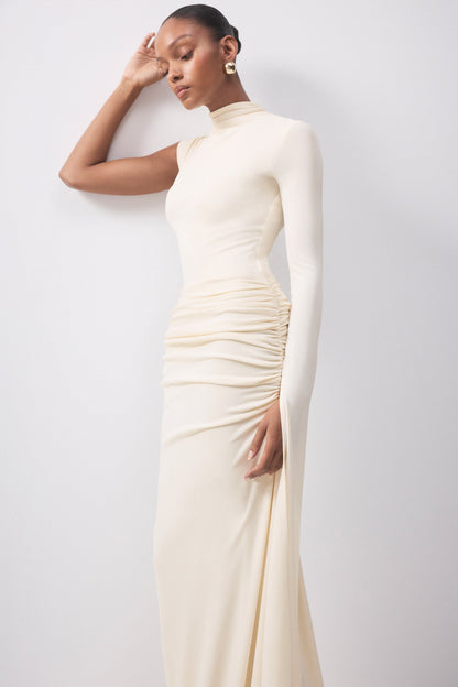 Adessa | Falda Larga Color Crema Con Cintura Asimétrica Y Fruncido
