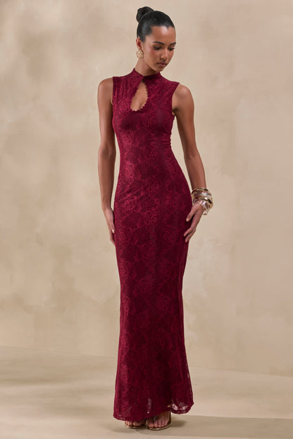 Ravissa | Vestido Largo Borgoña De Encaje Con Cuello Alto