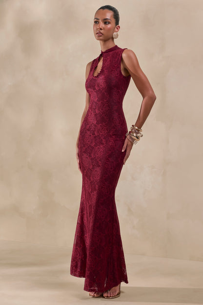 Ravissa | Vestido Largo Borgoña De Encaje Con Cuello Alto