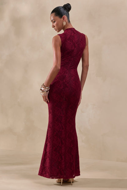 Ravissa | Vestido Largo Borgoña De Encaje Con Cuello Alto