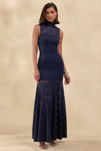 Esalyn | Vestido Largo Azul Marino De Encaje Con Cuello Alto Y Falda Transparente