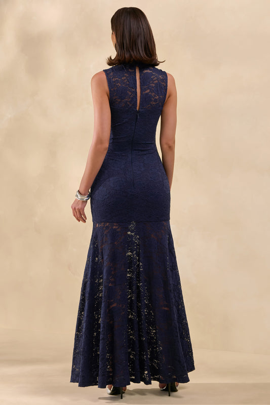 Esalyn | Vestido Largo Azul Marino De Encaje Con Cuello Alto Y Falda Transparente