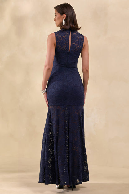 Esalyn | Vestido Largo Azul Marino De Encaje Con Cuello Alto Y Falda Transparente
