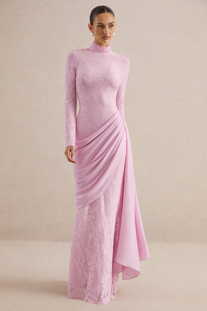 Enestra | Vestido Largo Rosa De Encaje Con Cuello Alto Y Falda Drapeada