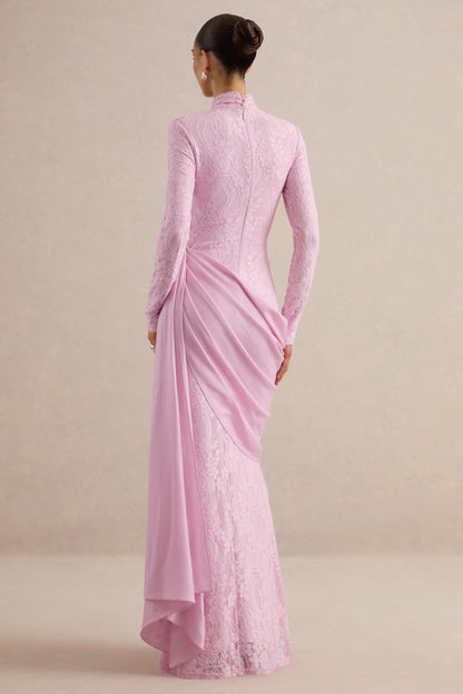 Enestra | Vestido Largo Rosa De Encaje Con Cuello Alto Y Falda Drapeada