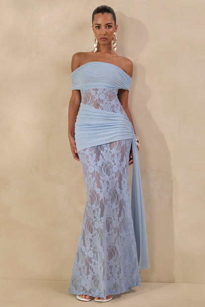 Enavine | Vestido Largo Azul Empolvado De Encaje Con Escote Bardot Y Detalle Fruncido