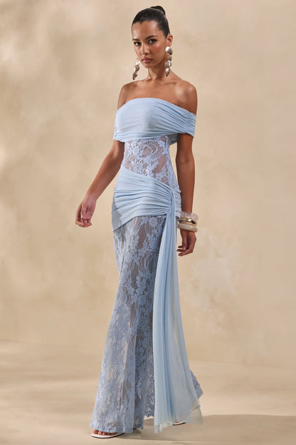 Enavine | Vestido Largo Azul Empolvado De Encaje Con Escote Bardot Y Detalle Fruncido