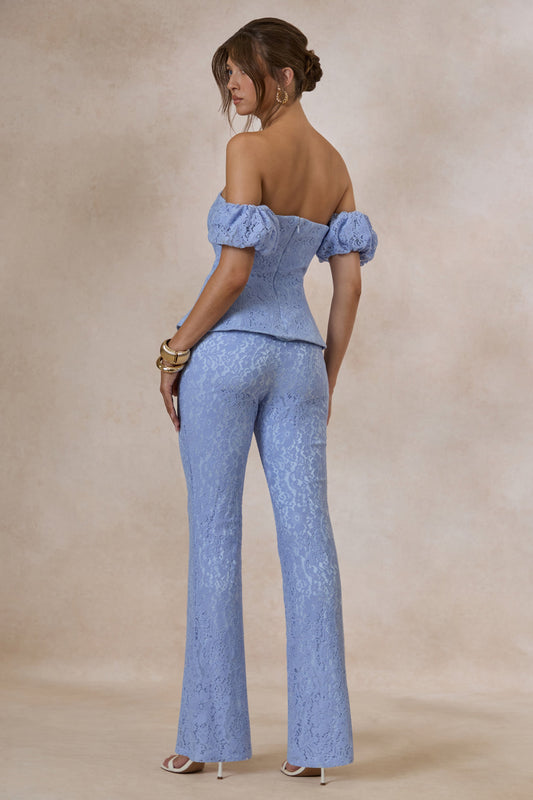 Tessara | Pantalón Recto Azul Polvo De Encaje Con Corte Sastre