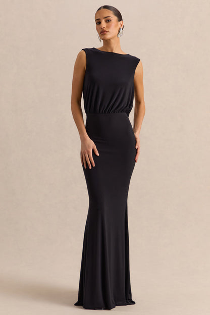 Elicette | Vestido Largo Negro De Cuello Redondo Con Espalda Descubierta Y Lazo