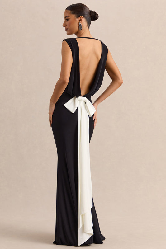 Elicette | Vestido Largo Negro De Cuello Redondo Con Espalda Descubierta Y Lazo