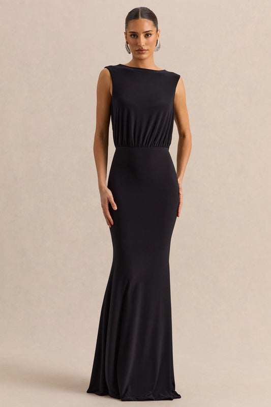 Elicette | Vestido Largo Negro De Cuello Redondo Con Espalda Descubierta Y Lazo