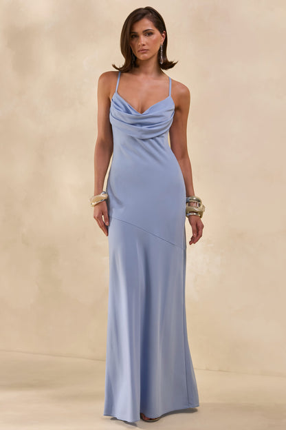 Anarelle | Vestido Largo de Satén Azul Empolvado con Escote Drapado