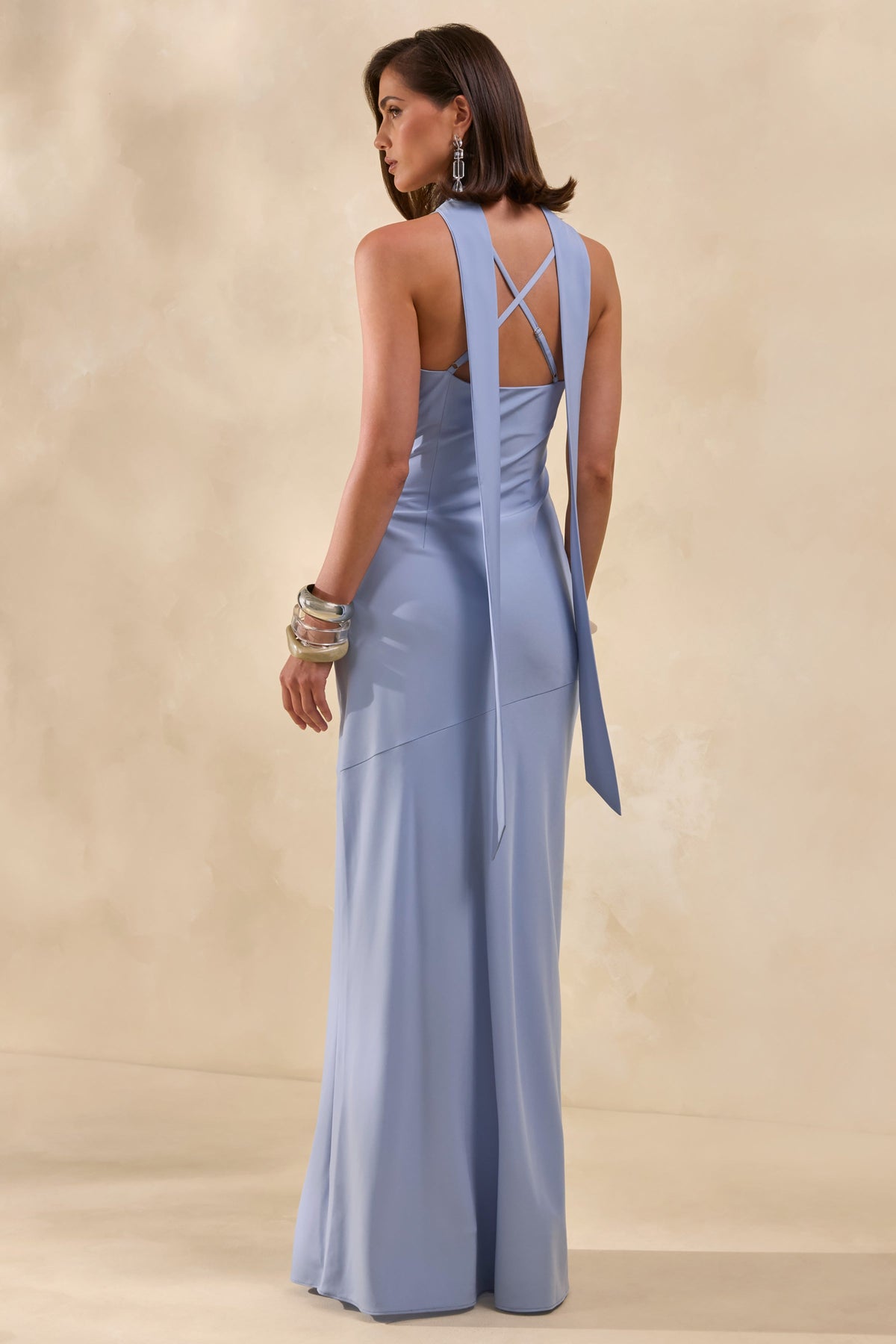 Anarelle | Vestido Largo de Satén Azul Empolvado con Escote Drapado