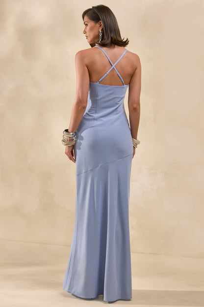 Anarelle | Vestido Largo de Satén Azul Empolvado con Escote Drapado