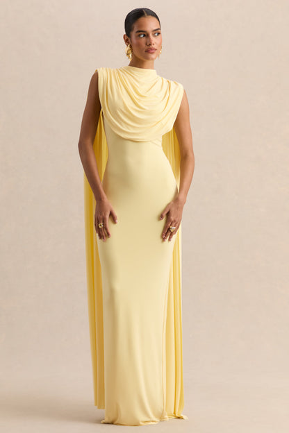 Patrina | Vestido Largo Limón De Jersey Elástico Premium Con Cuello Alto Y Detalle De Capa
