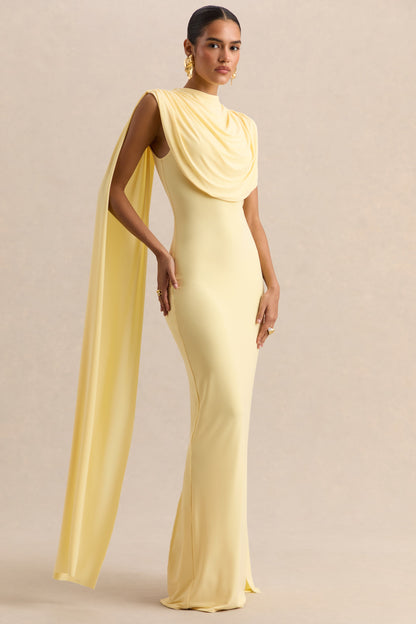 Patrina | Vestido Largo Limón De Jersey Elástico Premium Con Cuello Alto Y Detalle De Capa