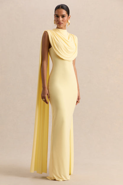 Patrina | Vestido Largo Limón De Jersey Elástico Premium Con Cuello Alto Y Detalle De Capa