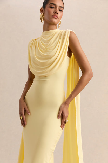 Patrina | Vestido Largo Limón De Jersey Elástico Premium Con Cuello Alto Y Detalle De Capa