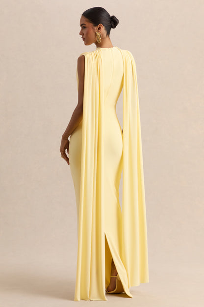 Patrina | Vestido Largo Limón De Jersey Elástico Premium Con Cuello Alto Y Detalle De Capa