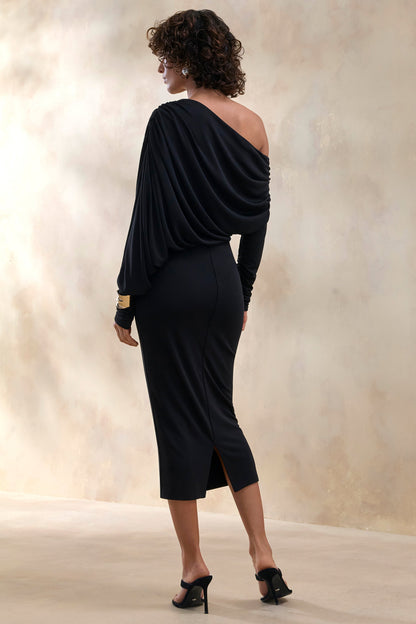 Dalissa | Negro Escote Asimétrico Vestido Midi con Detalle Drapeado