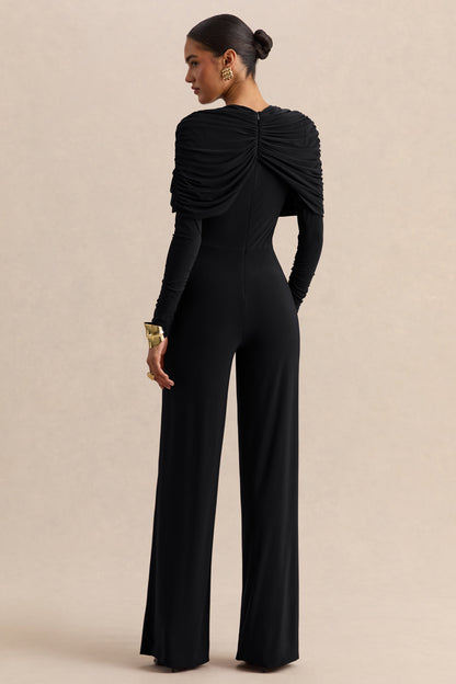 Eloura | Mono Negro De Jersey Elástico Premium Con Cuello Alto Y Detalle Torsión Fruncida