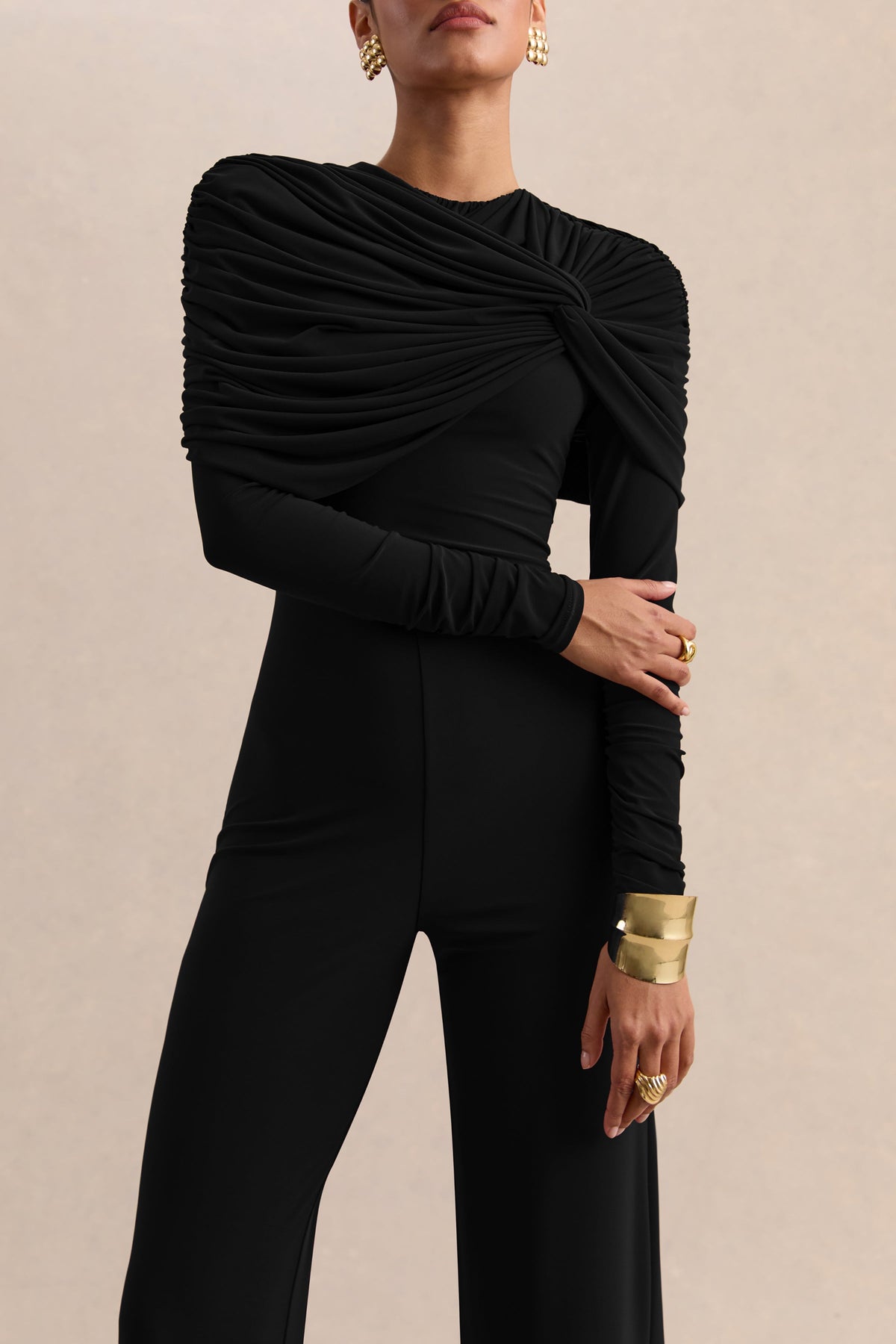 Eloura | Mono Negro De Jersey Elástico Premium Con Cuello Alto Y Detalle Torsión Fruncida