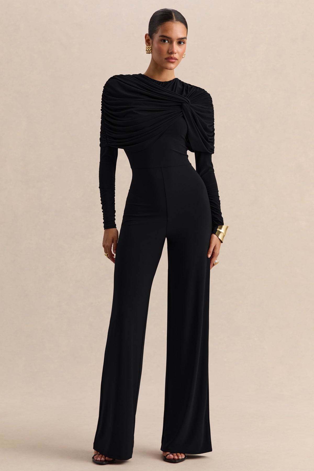 Eloura | Mono Negro De Jersey Elástico Premium Con Cuello Alto Y Detalle Torsión Fruncida
