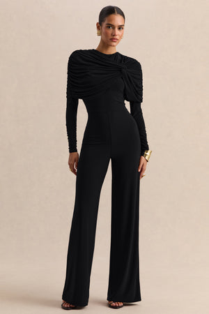 Eloura | Mono Negro De Jersey Elástico Premium Con Cuello Alto Y Detalle Torsión Fruncida