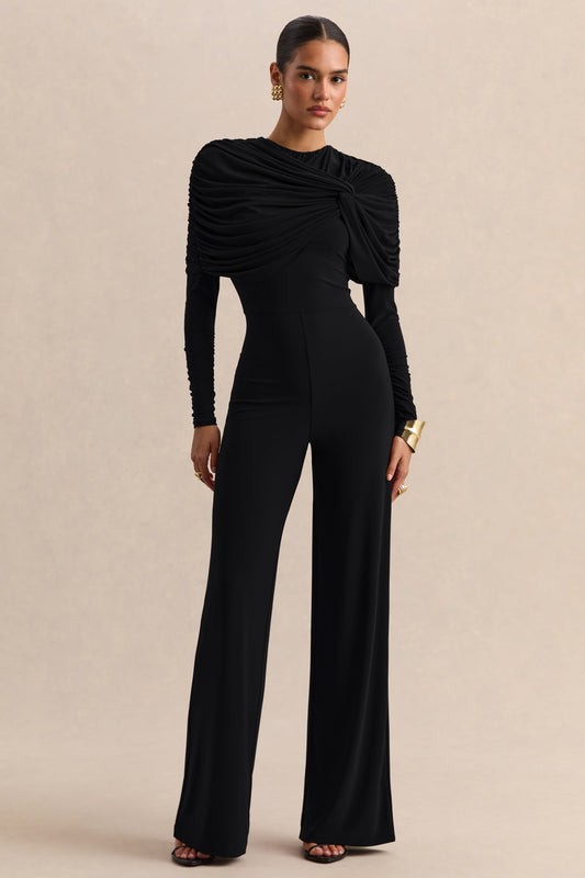 Eloura | Mono Negro De Jersey Elástico Premium Con Cuello Alto Y Detalle Torsión Fruncida