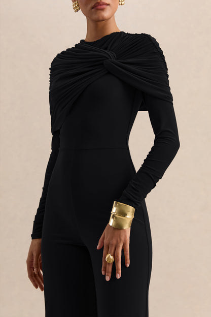 Eloura | Mono Negro De Jersey Elástico Premium Con Cuello Alto Y Detalle Torsión Fruncida