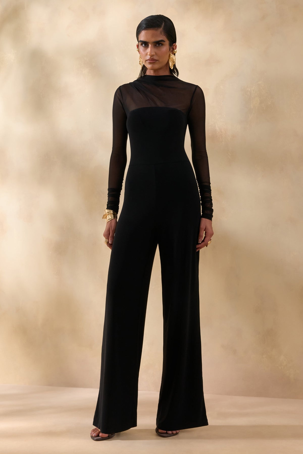 Emeria | Negro Cuello Alto Mono con Mangas Largas de Malla
