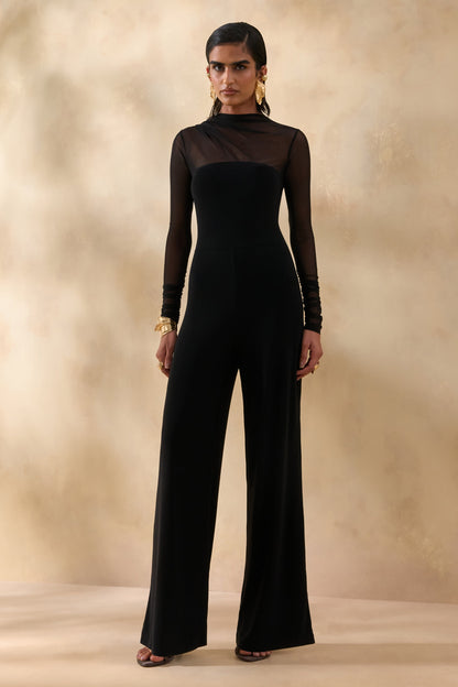 Emeria | Negro Cuello Alto Mono con Mangas Largas de Malla
