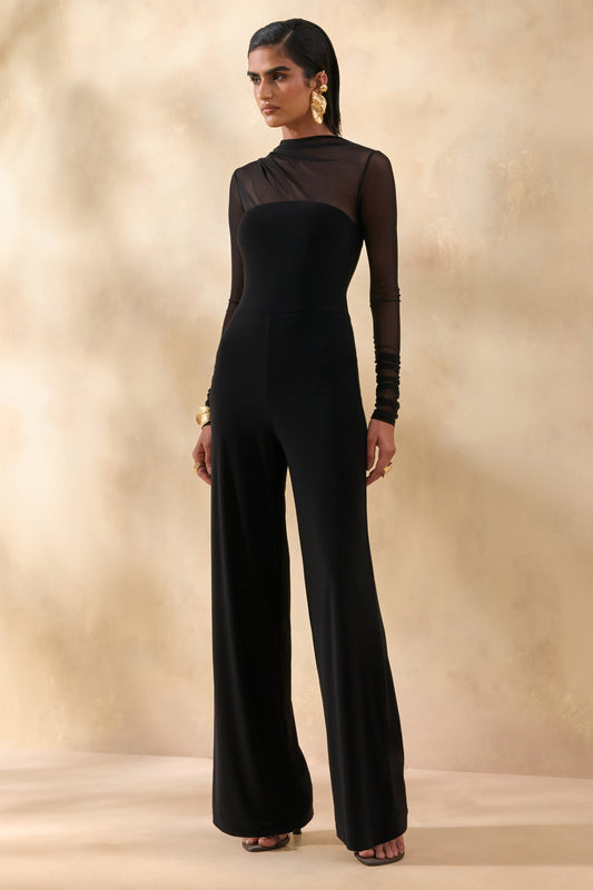 Emeria | Negro Cuello Alto Mono con Mangas Largas de Malla