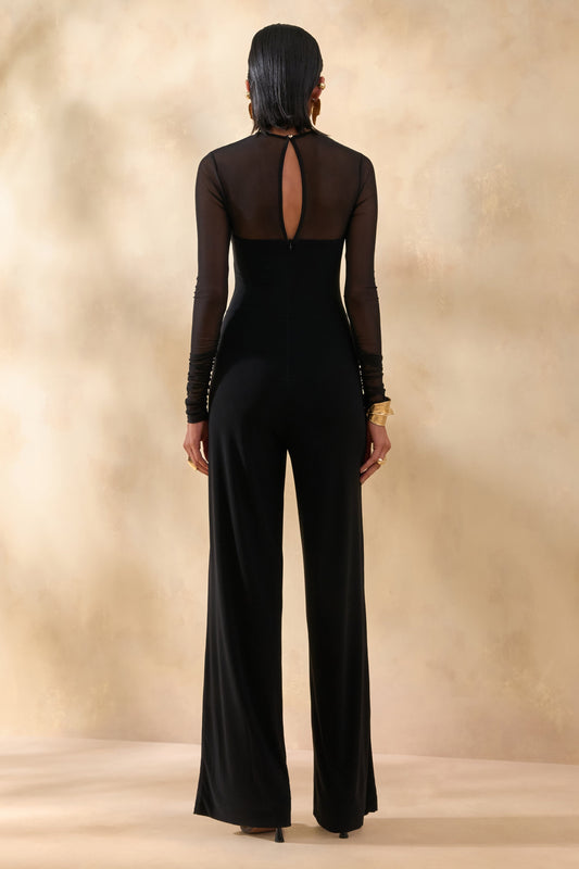 Emeria | Negro Cuello Alto Mono con Mangas Largas de Malla