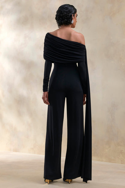 Elova | Negro Escote Bardot Mono con Fajín