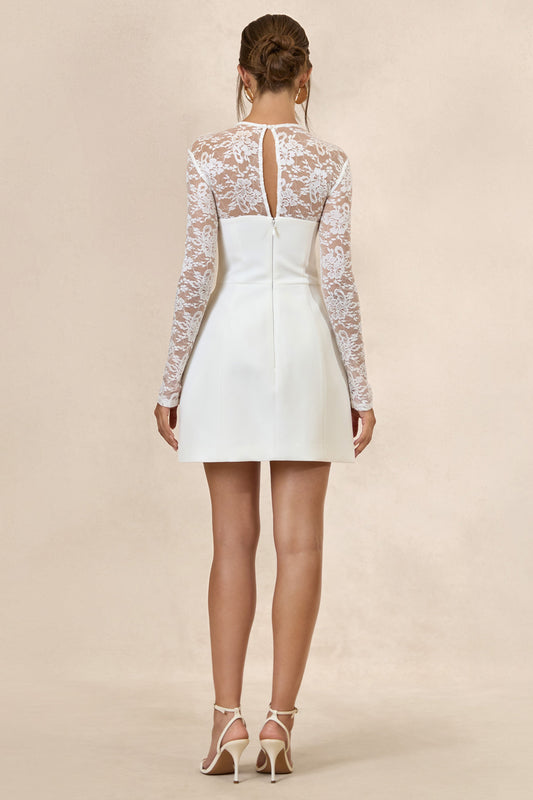 Aerin | Vestido Corto Blanco De Crepé Con Cuello Alto Y Mangas Largas De Encaje