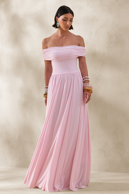 Cindie | Vestido Largo Rosa De Jersey Con Escote Bardot Y Detalles Fruncidos