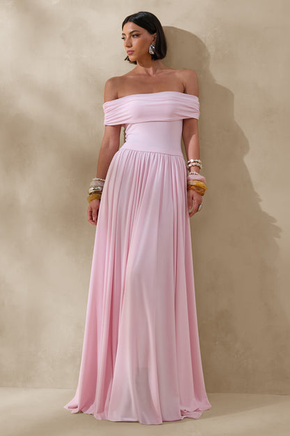 Cindie | Vestido Largo Rosa De Jersey Con Escote Bardot Y Detalles Fruncidos