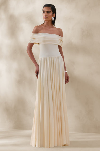 Cindie | Vestido Largo Color Crema De Jersey Elástico Con Escote Bardot