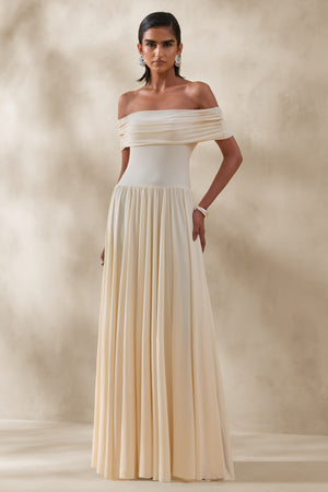 Cindie | Vestido Largo Color Crema De Jersey Elástico Con Escote Bardot