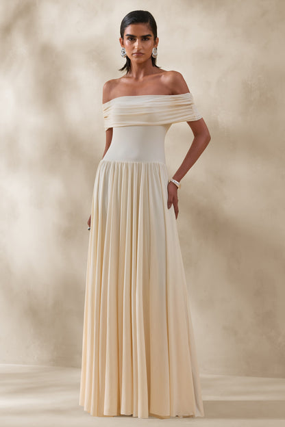Cindie | Vestido Largo Color Crema De Jersey Elástico Con Escote Bardot